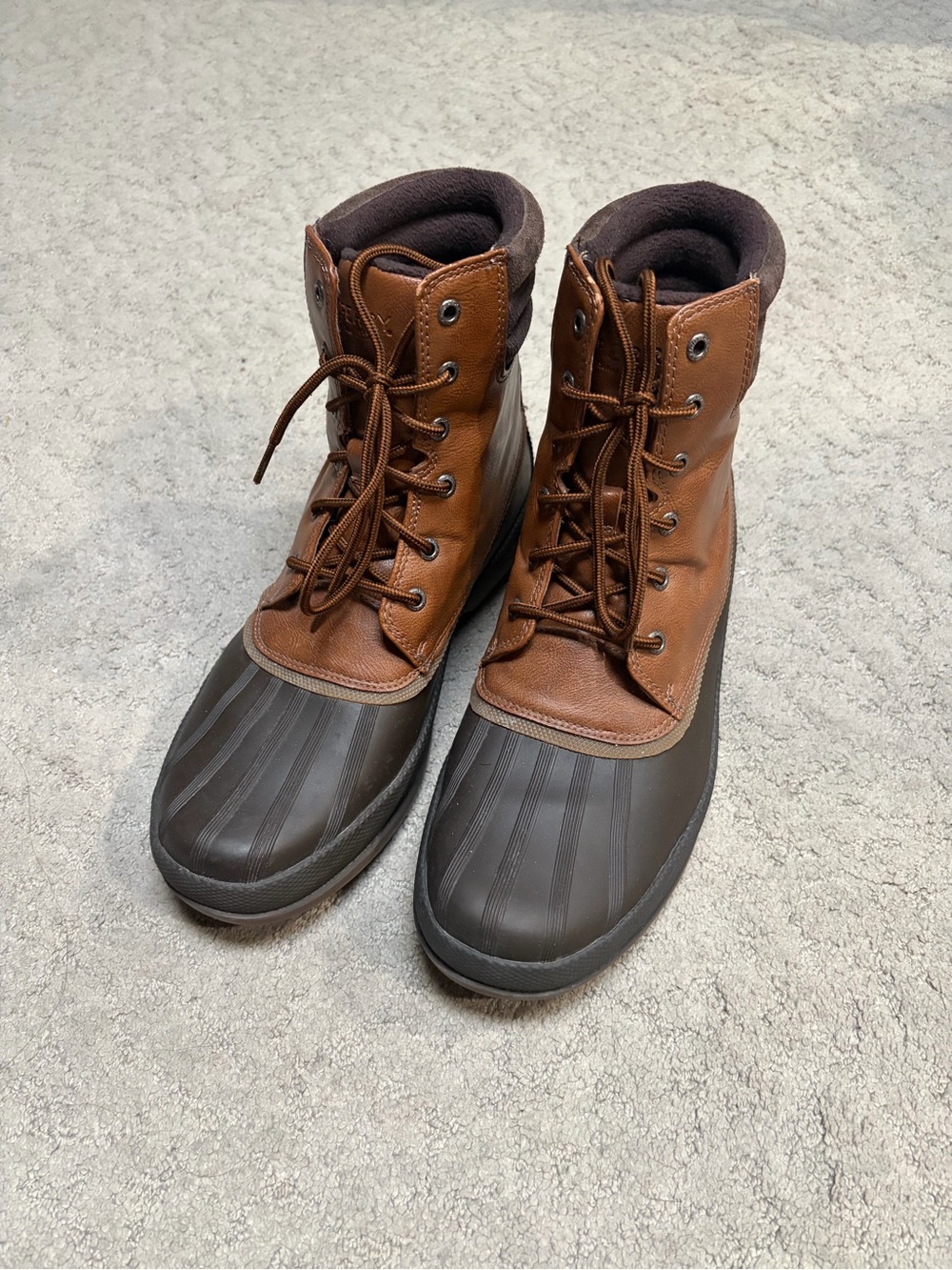 Men's Brown Leather and Dark Brown Sperry Rubber Duck Boots